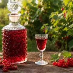 Butelka i kieliszek wypełnione rubinową nalewką z czerwonej porzeczki, obok świeże owoce i krzewy w tle.