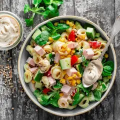 Kolorowa sałatka z tortellini, szynką, kukurydzą, ogórkiem i papryką, polana kremowym sosem. Idealna na letnie dni.