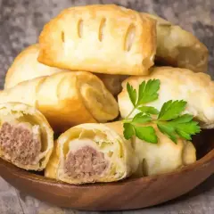 Stos pieczonego ciasta francuskiego z kiełbasą, ozdobiony natką pietruszki. Idealne na szybką przekąskę.