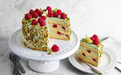 Pyszny tort pistacjowo malinowy, udekorowany świeżymi malinami i pistacjami, kusi swoim wyglądem i smakiem.