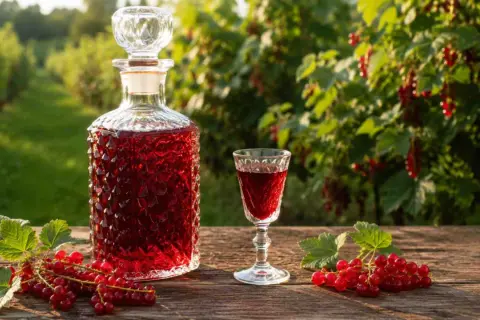 Butelka i kieliszek wypełnione rubinową nalewką z czerwonej porzeczki, obok świeże owoce i krzewy w tle.