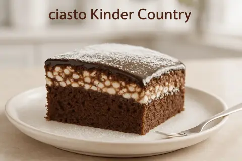 Pyszne ciasto Kinder Country z czekoladowym biszkoptem, kremem i polewą. Idealne na deser!