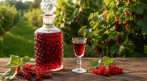 Butelka i kieliszek wypełnione rubinową nalewką z czerwonej porzeczki, obok świeże owoce i krzewy w tle.