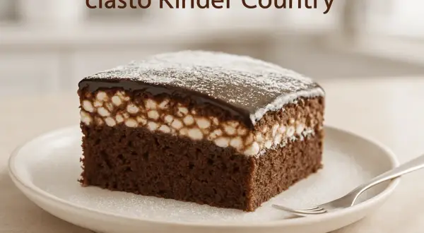 Pyszne ciasto Kinder Country z czekoladowym biszkoptem, kremem i polewą. Idealne na deser!
