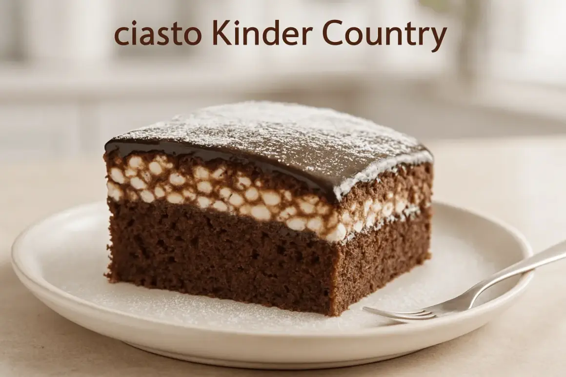 Pyszne ciasto Kinder Country z czekoladowym biszkoptem, kremem i polewą. Idealne na deser!