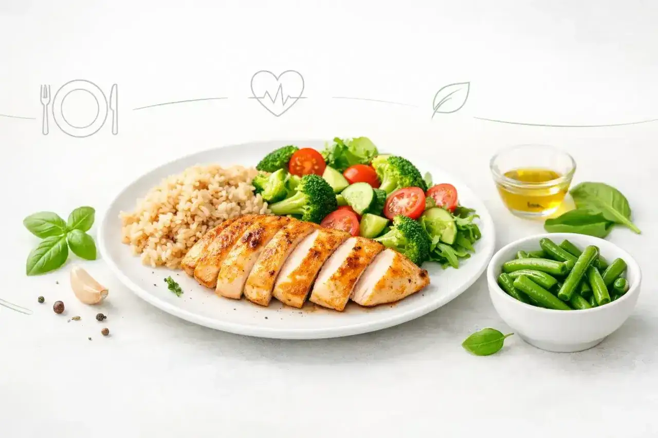 Zdrowy bowl z kurczakiem, ryżem, sałatką z brokuł&oacute;w i pomidork&oacute;w, fasolką szparagową i oliwą.