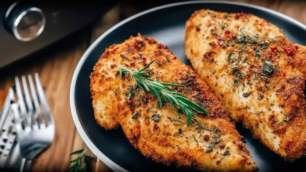 Dwa soczyste piersi z kurczaka air fryer na talerzu, przyprawione ziołami i rozmarynem.
