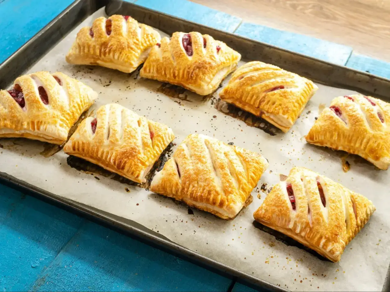 Na blasze leży osiem rumianych, owocowych ciastek francuskich. Idealne do pieca!