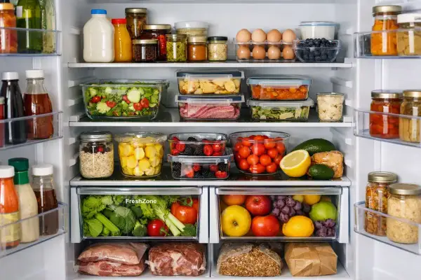 Lodówka pełna świeżych produktów: sałatka, owoce, warzywa w szufladzie FreshZone, jajka, nabiał i przetwory. Tak wygląda prawidłowe przechowywanie warzyw w lodówce.