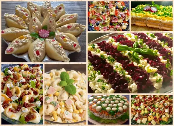 Kolekcja 4 wypróbowane sałatki: muszle faszerowane, tortellini z suszonymi pomidorami, makaron z szynką i kukurydzą, sałatka z buraków i jajka.